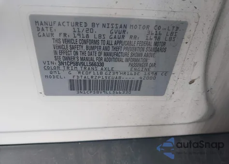 2020 Nissan Kicks S Xtronic Cvt z USA, uszkodzony, nr VIN 3N1CP5BV9LL566330